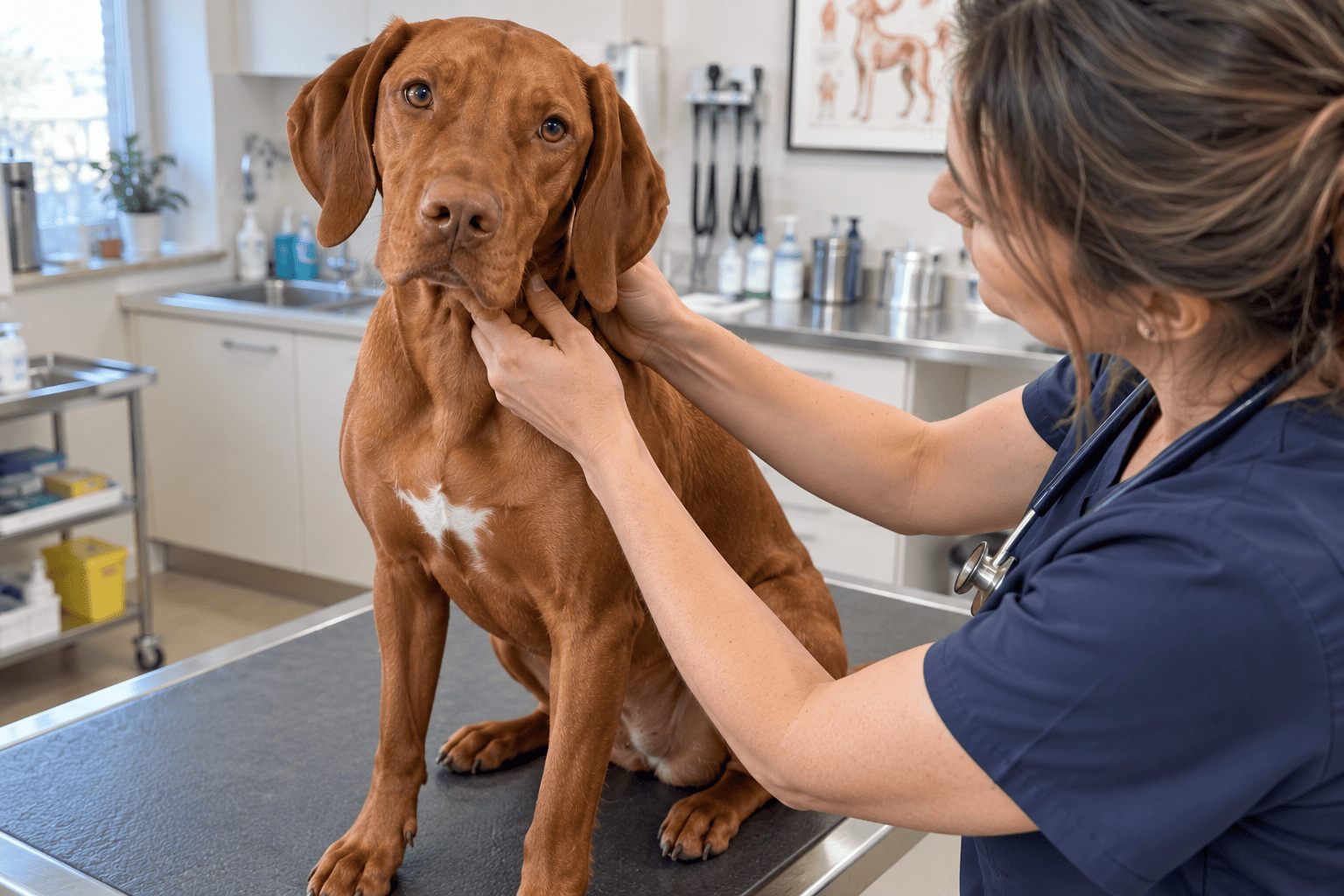 Veterinár vyšetruje dospelú maďarskú vyžlu v ambulancii